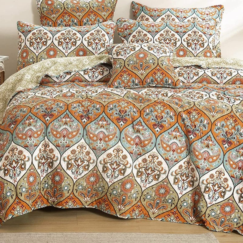 DaDa Bedding Bohemian Bedspread Set - Coral Floral Paisley Fall Garden Party Reversible Coverlet - Bright Vibrant Multi-Colorful Blue Salmon Pink - Cal King - 3-Pieces - Image 4